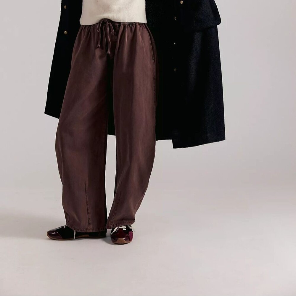 Free People Lex Pull-On Barrel Trousers Pants Smocked Leg Brown Cotton XS 289490